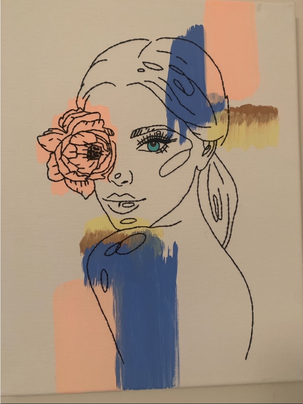 Contemporary Woman Portrait Canvas - Blue & Peach Floral Accent